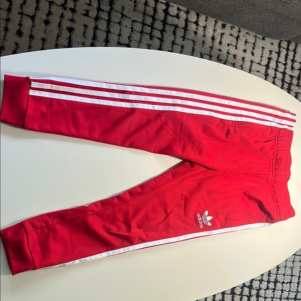 Adidas Red and White Joggers with Signature Stripes
